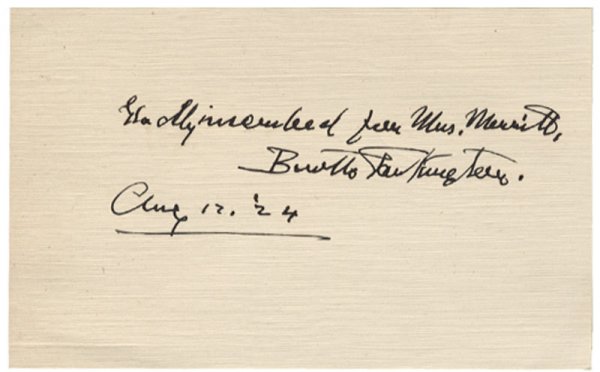 Booth Tarkington: Newton Booth Tarkington (1869 - 1946). American novelist and dramatist best known for his Pulitzer Prize-winning novels The Magnificent Ambersons and Alice Adams. Signed card. 5" x 3 1/8". "Gladly ins