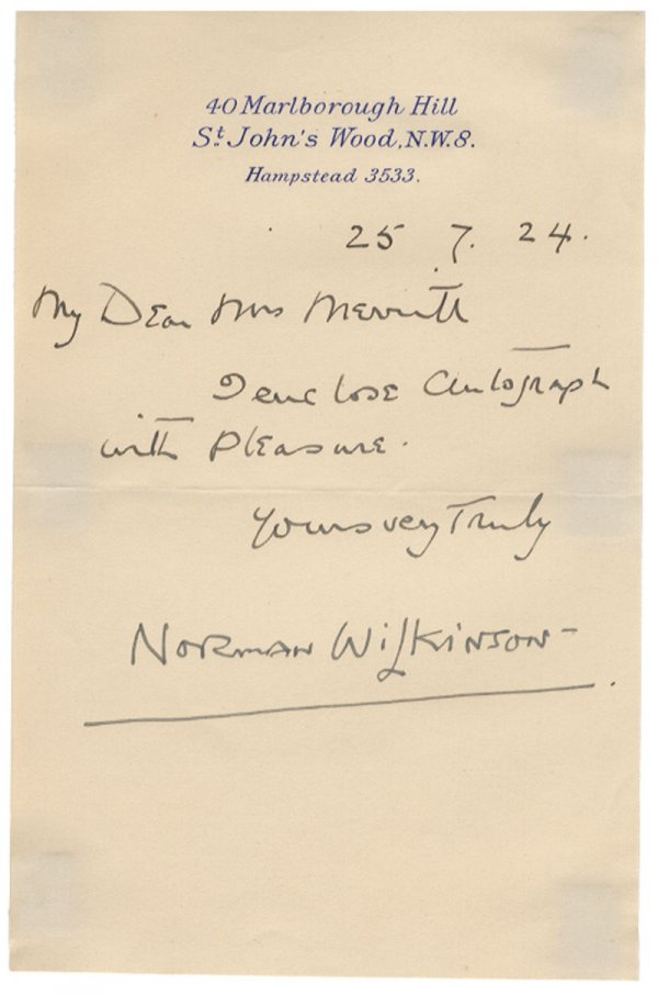 Norman Wilkinson: Sir Norman Wilkinson CBE (1878 - 1971) was a British artist. ANS. 1 page. 4 1/2" x 7". On personal imprinted letterhead, "I enclose autograph with pleasure, Yours very truly, Norman Wilkinson". Center