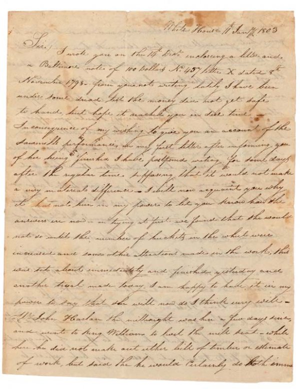 TO GEORGE WASHINGTON PARKE CUSTIS: Autograph Letter Signed. Three pages, 8" x 10 ¼". White House[Martha Washington's familial home]. January 11, 1803. To GEORGE WASHINGTON PARKE CUSTIS (1781-1857). American writer, orator, agricultura