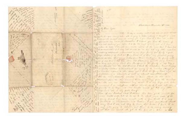 THE CHARLESTOWN FEMALE SEMINARY: Autograph Letter Signed, "Caroline Benedict." Three pages, 7 ¾" x 9 ¾". Charlestown. December 30, 1839. Addressed on integral leaf to "Miss Lydia Angell, Pawtucket R.I." With black, oval "CHARLESTOW