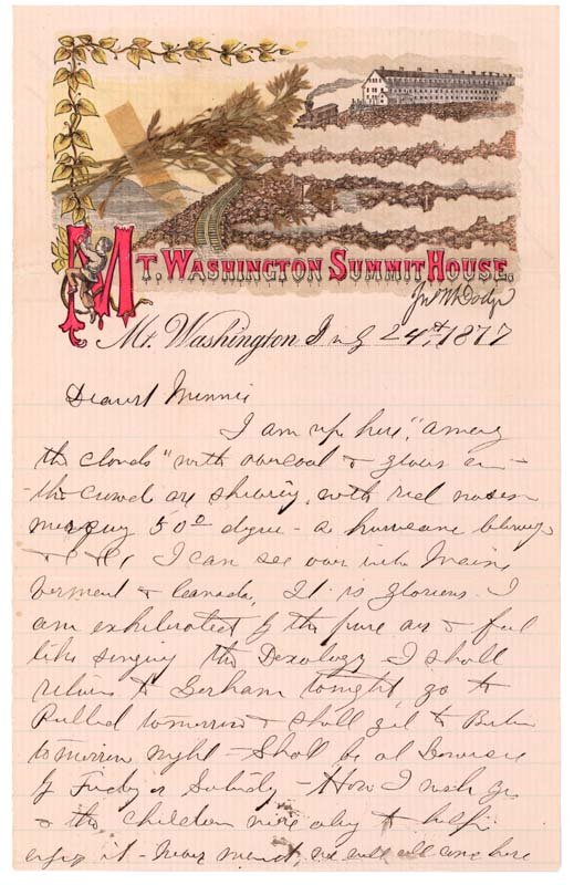WONDERFUL MT. WASHINGTON LETTERHEAD: Autograph Letter Signed. Mt. Washington, NH. July, 2, 1877. 1½ p. On rare colorfully illustrated letterhead with cog railway steaming up the mountain. Attached is a small display of mountain flora, "