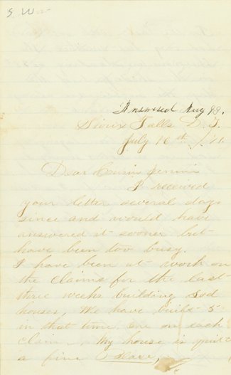 …THE INDIANS HERE ARE VERY PEACEABLE": Autograph Letter Signed. Four pages, 5" x 8". Sioux Falls D.T. July 16, 1871. Accompanied by original envelope. The letter reads, in part: "…I have been at work on the claims for the last three week