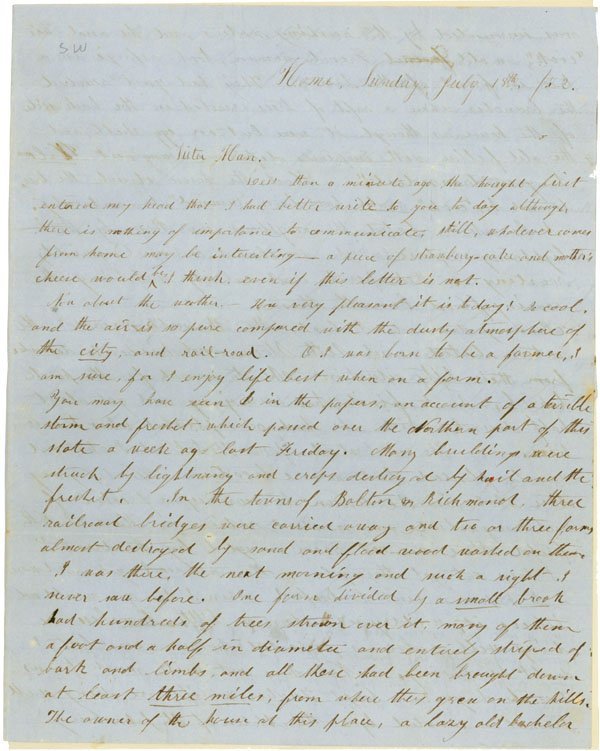 DESTRUCTIVE FLOODING IN VERMONT: Autograph Letter Signed, "Ike." Three pages, 7 7/8" x 9 7/8". Northfield, Vt. July 18, 1852. Addressed on integral leaf. With intact stamp and circular, black "NORTHFIELD VT" postal cancellation. The 