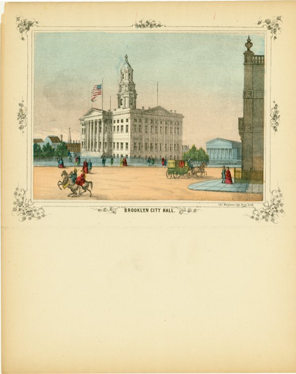 ILLUSTRATED, COLOR MAGNUS LETTERHEAD : Magnus letterhead: "Brooklyn City Hall." Fine image of the Brooklyn City Hall and various citizens of the city. New York. Four pages, 8 3/8" x 10 ½". Slight toning and minor paper loss at upper left,