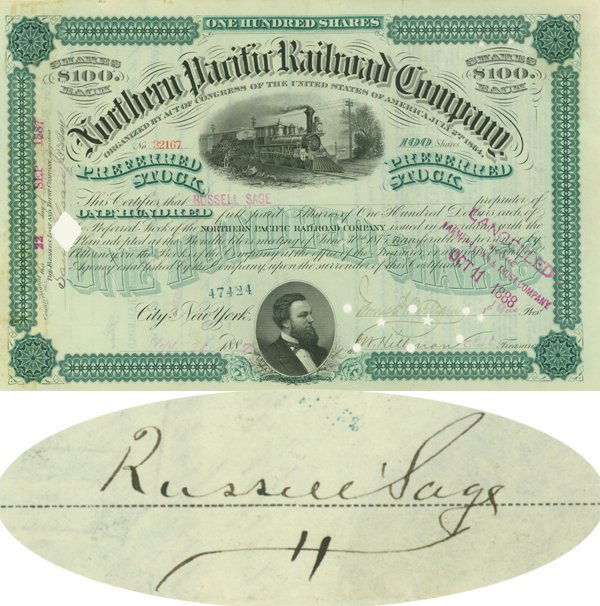 BANKER TO JAY GOULD - RUSSELL SAGE: 1884, New York. Stock certificate for 100 shares. Green\Black. Engraved vignette of a steam locomotive at top center, nice portrait vignette of Frederick Billings at bottom. Issued to and signed on ve