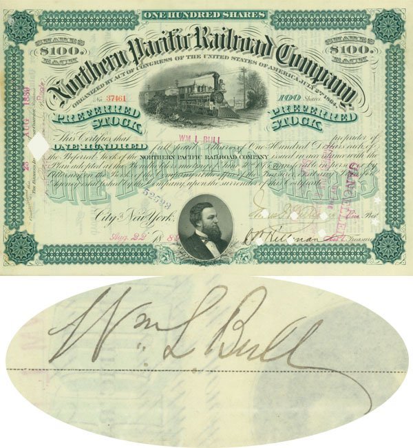 PRESIDENT OF THE NEW YORK STOCK EXCHANGE: NORTHERN PACIFIC RAILROAD STOCK ISSUED TO AND SIGNED BY WILLIAM L. BULL 1887, New York. Stock certificate for 100 shares. Orange/Black. Engraved vignette of a steam locomotive at top center, nice port