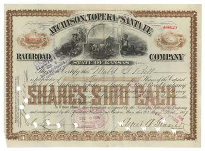ISSUED TO MABEL G. BELL: ATCHISON, TOPEKA AND SANTA FE ISSUED TO MABEL G. BELL. 1887, Kansas. Stock certificate for two shares issued to MABEL G. BELL (1857-1923) Wife of Alexander Graham Bell. After contracting scarlet fever