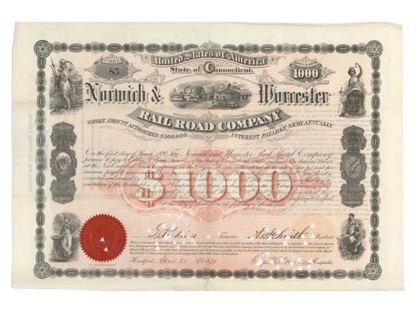 NORWICH & WORCESTER RAILROAD COMPANY: 1877, Connecticut. $1000 bond bearing 6% interest. Black on pink paper with red overprint and red seal. Multi-vignettes of female allegorical figures at top and bottom right and indian at top left and