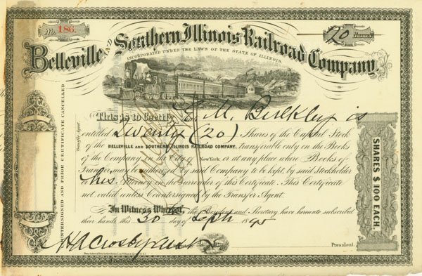 BELLEVILLE & SOUTHERN ILLINOIS RAILROAD CO: 1875. Illinois. Stock certificate for 80 shares. Black. Vignette of train facing left at top center. Light glue residue on left side. Pen cancelled.Very Fine.