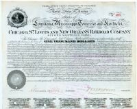 RR CERTIFICATE SIGNED BY STUYVESANT FISH: 1877, Louisiana, Mississippi, Tennessee and Kentucky. $1,000 Bond. Coupons below. Engraved vignette of a State Seal of Louisiana at upper left. Signed as secretary by STUYVESANT FISH (1851 -1923); Rai