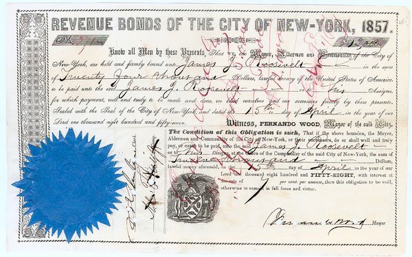 REVENUE BONDS OF THE CITY OF NEW-YORK, 1857: 1857, New York. Bond for $12,000 bearing interest at 7%. Black. Seal of New York City at lower center. Blue wax paper wafer seal of New York City affixed at lower left. Ornate border on left edge. Iss