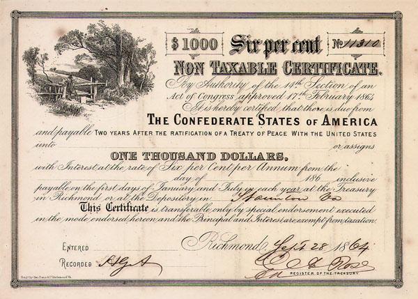 Confederate Non Taxable Certificate - Ball Type 18: 1864, Richmond, Virginia. $1,000 6% non-taxable certificate Payable at Richmond or Mobile, Alabama. Vignette of a turnstile at upper left. Litho. Printed by Geo. Duncan & Co., Richmond. Signed by Rose