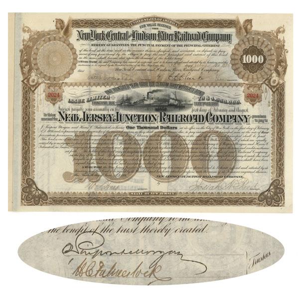 NJ Junction RR Co. Signed By J. Pierpont Morgan: 1886, New Jersey. $1000 bond bearing 4% interest signed as Trustee on verso by J. PIERPONT MORGAN, (1837 - 1913). Probably the most prolific and powerful banker in American Financial history, J. Pierp