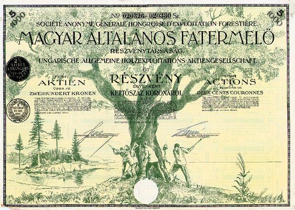 Magyar Altalanos Fatermelo Reszvenytarsasag: 1925, Budapest. Stock certificate. Black/Brown on light green paper. Unique art work of lumbermen cutting tree down in forest. Uncancelled and Very Fine.