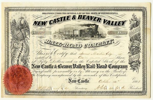 New Castle & Beaver Valley Railroad Company: 1863, Pennsylvania. Stock certificate. Black with paper seal. (various dates, shares & colored seals.) Vignette of train at top center.