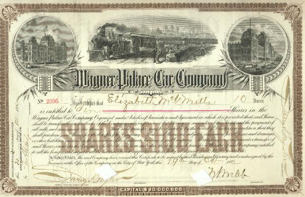 Wagner Palace Car Company: 1888, New York. Stock certificate. Black/Brown. A choice multi-engraved certificate depicting a steam locomotive hauling Wagner cars flanked by building scenes. This company came into existence as a r