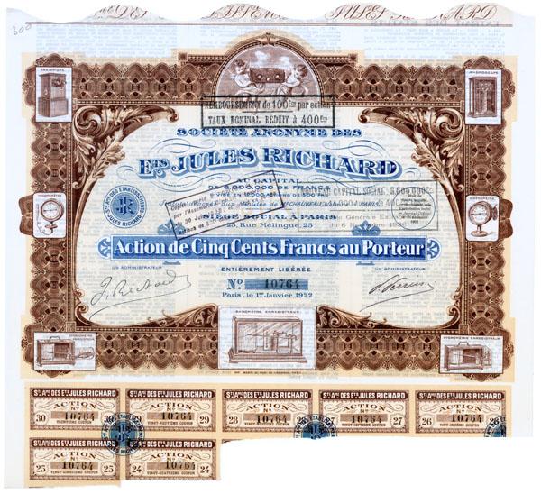 Societe Anonyme . Des Ets. Jules Richard: 1922, Paris. Bond. Brown/Tan/Blue. Multi-vignetted certificate depicting scientific equipment within an ornate border and small allegorical figures at top center.