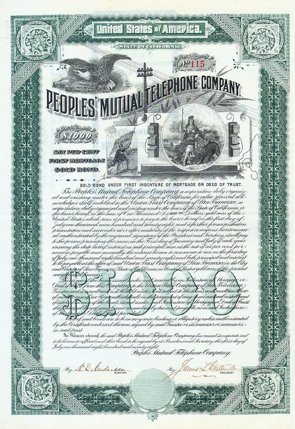 PEOPLES' MUTUAL TELEPHONE COMPANY: 1898, California. $1000 Mortgage bond bearing interest at 6%. Green/Black. Wonderful, multi-vignetted bond depicting a telepone and phone lines, eagle, seated liberty and an early explorer. Coupons at