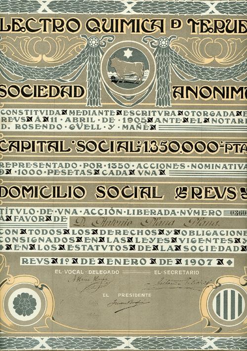 A Highly Unusual Electric Company Stock Certifica: 1907, Spain. Stock certificate. Gray/Black/Yellow/Tan. An extremely large certificate measuring 15 3/4" x 18 1/2". Ornate certificate with a vignette of cow beneath a Star of David at top center.Uncan