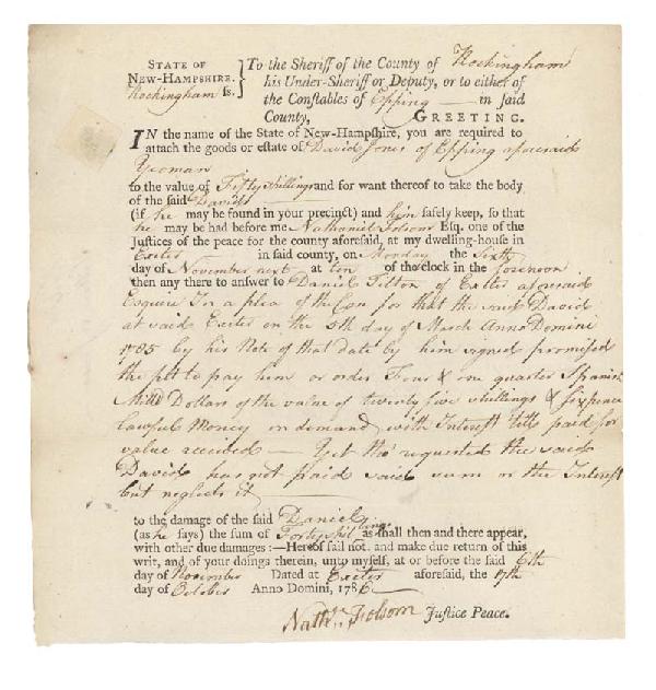 Nathaniel Folsom: NATHANIEL FOLSOM (1726-1790). American merchant and statesman. Partially Printed Autograph Document Signed, Nathl. Folsom." One page, 7 7/8" x 8 1/4." October 17, 1786. Exeter, NH. The document reads.