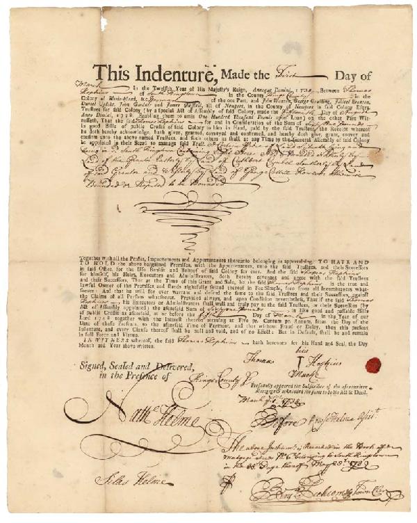 Early RI Indenture Signed By Stephen Hopkins: Partially Printed Document. One page, 12" x 14 7/8". Rhode Island. March 1, 1738. The document is an indenture between "Thomas Hopkins of South Kingstown, of the one part, and … Trustees for said Co