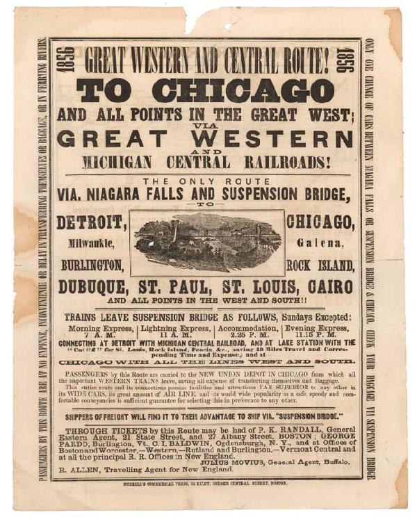 Great Western And Michigan Central RR: Double-sided 9 3/4" x 13 3/4" Advertising Broadside. 1856. Image of a country scene with a locomotive crossing a suspension bridge at center of first side and route map at top center of second side. T