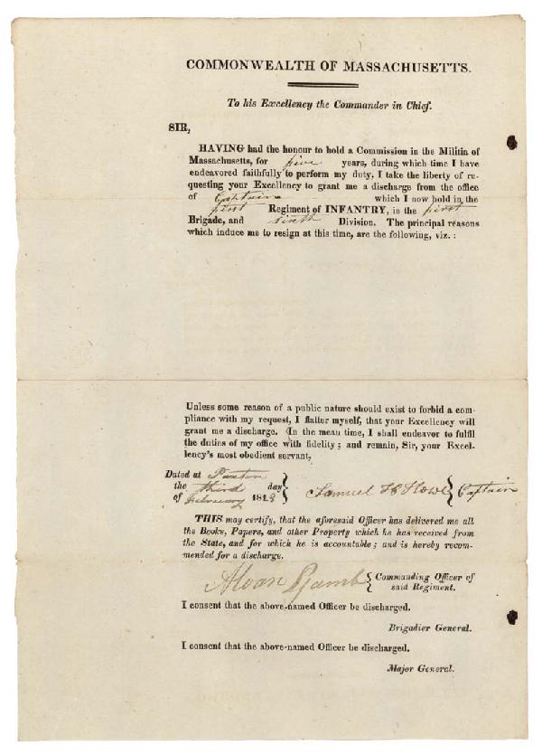 A Captain In The MA Militia Requests A Discharge: Partially Printed Document. One page, 8" x 11 5/8". Paxton, Massachusetts. February 3, 1823. The document is a request for a military discharge for Samuel H. Howe, a captain in the first regiment of i