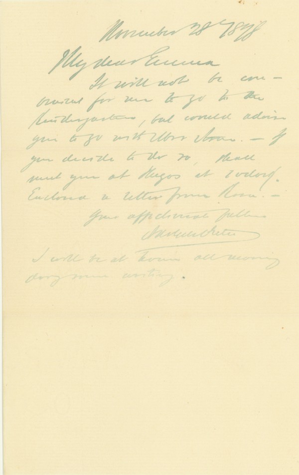 Adolph Sutro Als To His Daughter Emma: ADOLPH SUTRO (1830-1898). Autograph Letter Signed, "Adolph Sutro." One page, 5" x 7 7/8". No place. November 28, 1878. Sutro writes: "My dear Emma It will not be convenient for me to go to the Kinderg