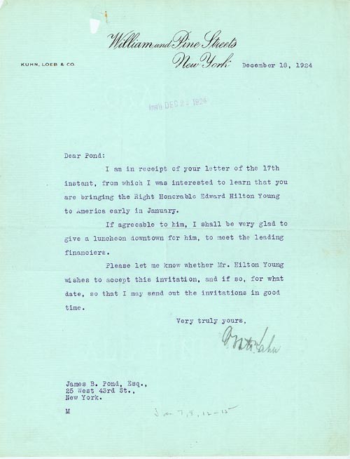 An Otto Kahn TLS: OTTO KAHN. TLS. 1pp. 8 1/2" x 11". New York. December 18, 1924. A typed letter signed "Otto Kahn" on "Kuhn, Loeb & Co." letterhead: "...I was interested to learn that you are bringing the Right Honora