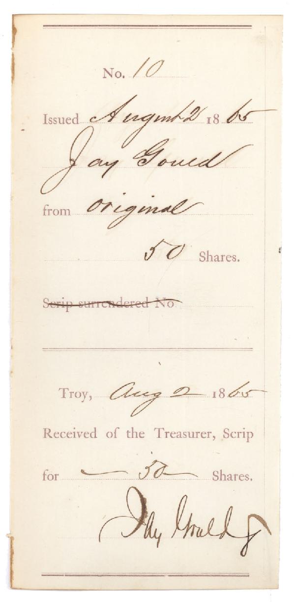 Jay Gould: Received of the treasurer, Scrip, for ` 50` shares. Signed by Jay Gould. Stub Aug 2, 1865 3 3/4" x 8 1/4"