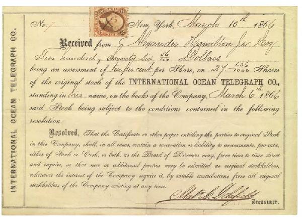 International Ocean Telegraph Co. Receipt From Ale: Partially Printed Document. One page, 7 ½" x 5 ¼". New York City. March 10, 1866. The receipt acknowledges payment of two hundred, seventy six dollars and 36 cents from Hamilton and is signed as tre
