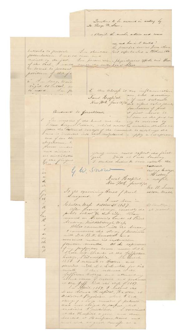 George W. Snow Applies To Be A Naval Surgeon For T: Application to the Examining Board of Naval Surgeons. Six pages. Naval Hospital New York. June 18, 1861. Snow provides answers to eight questions, including ""What are the chemical tests for arsenious