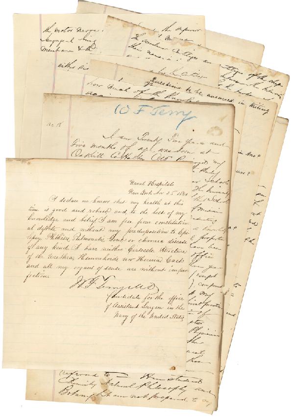 William F. Terry Applies To Be A Naval Surgeon : Application submitted to the Examining Board of Naval Surgeons as Assistant Surgeon. 6 pages. Naval Hospital New York. November 25, 1861. Terry gives answer to eight questions including " What are the