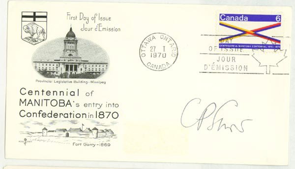 A Canadian First Day Cover Signed By Noted Writer : LORD CHARLES PERRY SNOW. SFDC. 6 1/2" x 3 1/2". n.p. n.d. A Canadian first day cover signed by "C.P. Snow" in black ink. It is in choice condition.