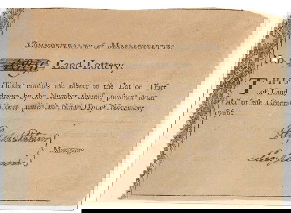 A Rare Massachusetts Land Lottery Ticket Signed By: RUFUS PUTNAM (1738-1824). Putnam, a Revolutionary War officer from Massachusetts, was a top engineer for the Continental Army with a specialty in fortifications. After the war, he helped suppress Shay