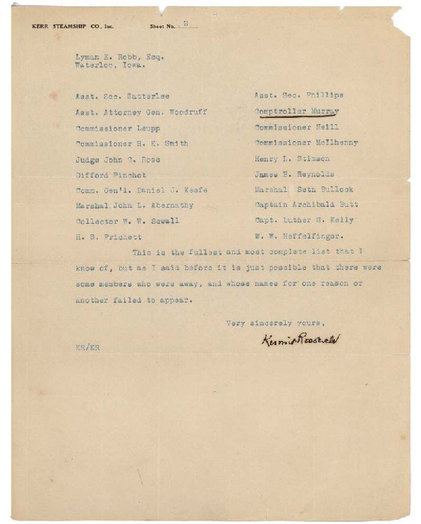 Kermit Roosevelt Tls: KERMIT ROOSEVELT (1889-1943). Roosevelt, the son of Theodore, was a businessman and served in both World Wars.. Typed Letter Signed, one page, 8.5 x 11, Kerr Steamship letterhead, no date. Second page