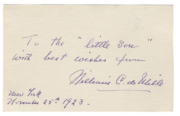 William C. deMille: Willam C. deMille ( 1878 – 1955). American screenwriter and film director from the silent movie era through the early 1930s. He was also a noted playwright prior to moving into film. Signed card wit