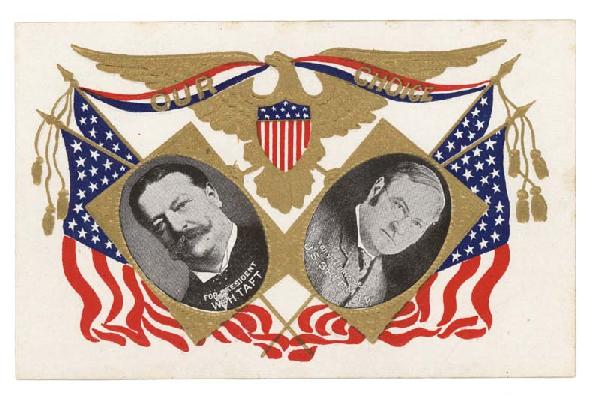 A Highly Colorful Taft And Sherman Embossed Politi: Nice postcard with photographic portraits of Taft and Sherman with Flags and a gold ornate embossed eagle detailing. Excellent.
