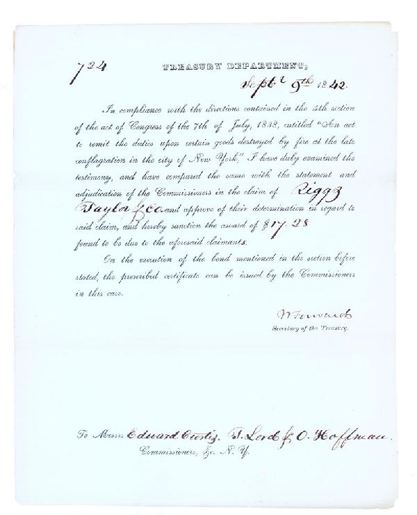 Treasury Secretary Walter Forward Signs A Treasury: WALTER FORWARD DS. 1pp. 8" x 10". Treasury Department. Sept. 9th, 1842. A partly printed document signed "W Forward" as Treasury Secretary. The piece states: "In compliance with the directions contain