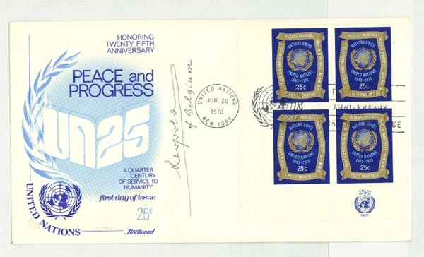 King Leopold III Of Belgium Signed FDC: KING LEOPOLD III OF BELGIUM. SFDC. 6 1/2" x 3 1/2". n.p. n.d. A first day cover signed "Leopold of Belgium" in black ballpoint ink. The block of four United Nations stamps were cancelled in New York o