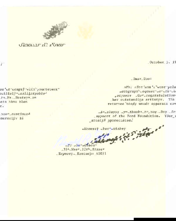 Gerald Ford TLS: GERALD FORD (1913-2006) President of the United States. Typed Letter Signed, "Gerald R. Ford," on his name imprinted stationery bearing a gold embossed U.S. Seal. One page, 6 3/8" x 8 1/2". No place.