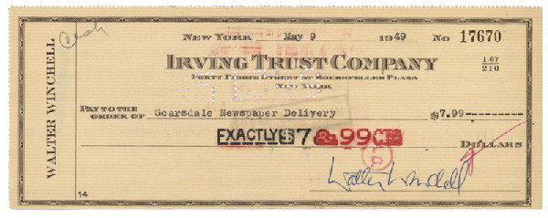 Walter Winchell Signs A Check: A check drawn on the Irving Trust Company and signed by Walter Winchell as maker.