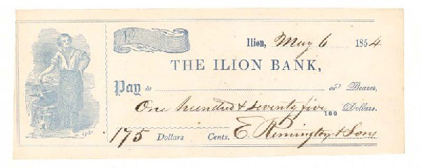 Ilion Bank Check Accomplished And Signed By Elipha: ELIPHALET REMINGTON (1793-1861) Designer of the Remington rifle. Partially Printed Ilion Bank check for one hundred and seventy five dollars accomplished by Remington and Signed, ""E. Remington & Sons