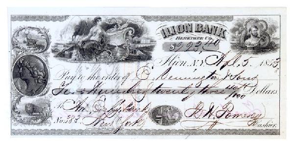Eliphalet Remington Jr. Partly-printed Bank Check: ELIPHALET REMINGTON, JR. (1828-1924) Executive in Remington & Sons. Partially Printed Check Signed by Remington for the company, "E Remington & Sons" 7 ¾" x 3 ¾". Ilion, New York April 5, 1853. Nice