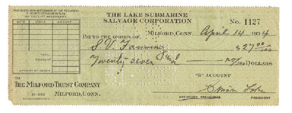 Simon Lake Submarine Salvage Corporation Signed As: SIMON LAKE (1866-1945) Mechanical engineer and naval architect who competed to build the first submarines for the U.S. Navy. The Lake Submarine Salvage Corporation Check Signed as president "Simon Lak