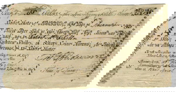 Choice Revolutionary War Bill of Exchange Signed b: 1780, New York. Anderson US 94, 8B. DS. 1 page. 8 ¼" x 4 ¼". New York. United States signed draft signed as Treasurer of Loans by FRANCIS HOPKINSON (1737 - 1791). Hopkinson represented New Jersy in