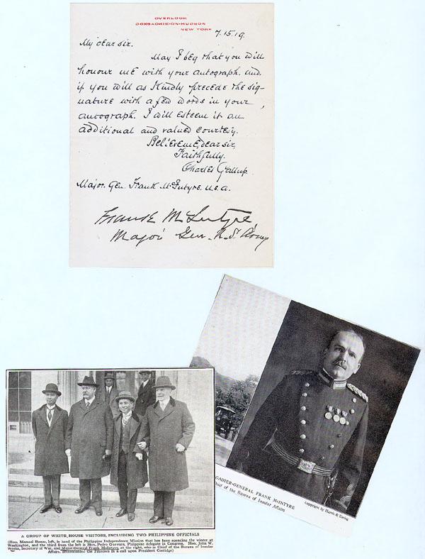 Frank McIntyre: FRANK McINTYRE American World War I General. A signature "Frank McIntyre Major Gen. U.S. Army" at the conclusion of an autograph request. It is in fine condition and attached to a larger sheet with ph