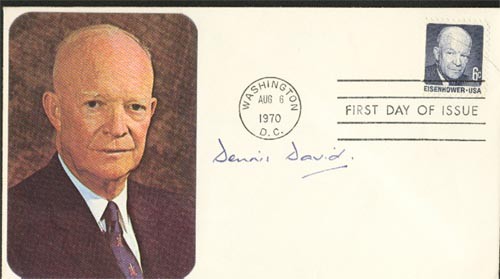 British World War II Ace Dennis David Signs An Eis: Dennis David. SFDC. 6 1/2" x 3 3/4". n.p. n.d. An Eisenhower first day cover signed by Dennis David. It is in choice condition overall.