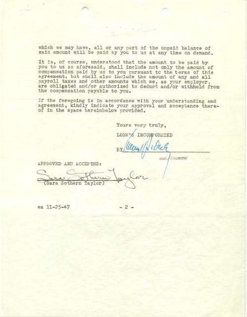 Elizabeth Taylor's Mother Sara Signs MGM Contract: (ELIZABETH TAYLOR). DS. 2pp. 8 1/2" x 11". Culver City, California. November 21, 1947. A "Metro-Goldwyn-Mayer Pictures" contract signed by Elizabeth Taylor's mother "Sara Sothern Taylor" since Elizabe