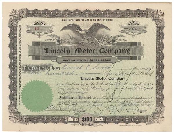 Lincoln Motor Co. Stock Signed By Henry Leland